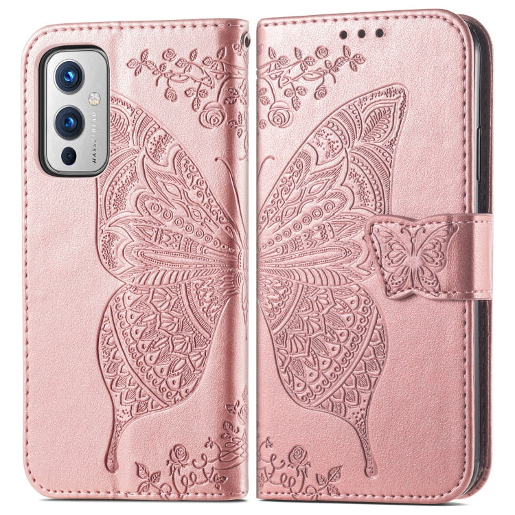 For OnePlus 9 Butterfly Love Flowers Embossed Horizontal Flip Leather Case with Holder & Card Slots & Wallet & Lanyard(Rose Gold) - OnePlus Cases by buy2fix | Online Shopping UK | buy2fix