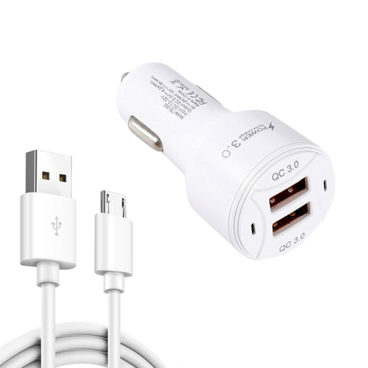 TE-092 36W Dual QC3.0 USB Fast Car Charger + USB to Micro USB Data Cable Set(White) - In Car by buy2fix | Online Shopping UK | buy2fix