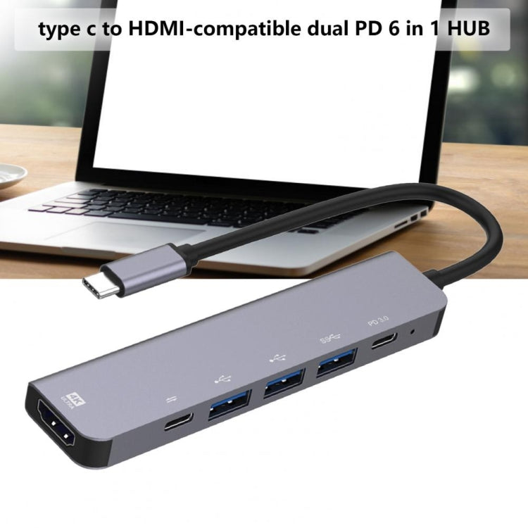 6-in-1 Type-C to HDMI + PD + Type-C + USB3.0 + USB2.0 x 2 Docking Station HUB Adapter - Computer & Networking by buy2fix | Online Shopping UK | buy2fix