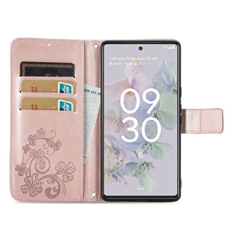 For Google Pixel 6a Four-leaf Clasp Embossed Buckle Leather Phone Case(Rose Gold) - Google Cases by buy2fix | Online Shopping UK | buy2fix
