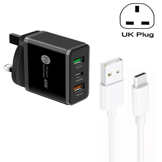 45W PD25W + 2 x QC3.0 USB Multi Port Charger with USB to Type-C Cable, UK Plug(Black) - Mobile Accessories by buy2fix | Online Shopping UK | buy2fix