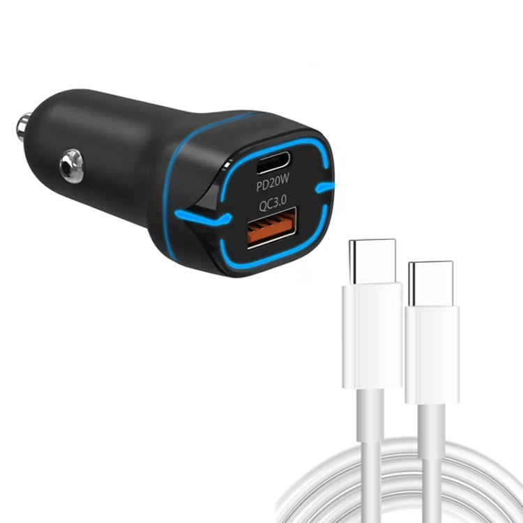 38W PD20W + QC3.0 USB Car Charger with Type-C to Type-C Data Cable, Length: 1m(Black) - In Car by buy2fix | Online Shopping UK | buy2fix