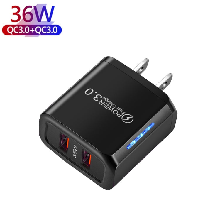 36W Dual Port QC3.0 USB Charger with 3A USB to 8 Pin Data Cable, US Plug(Black) - Apple Accessories by buy2fix | Online Shopping UK | buy2fix