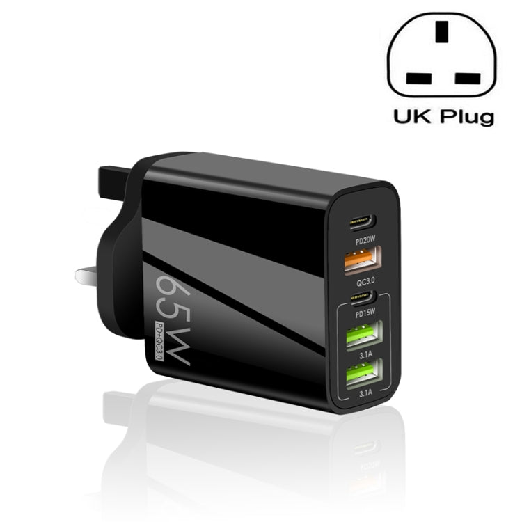 65W Dual PD Type-C + 3 x USB Multi Port Charger for Phone and Tablet PC, UK Plug(Black) - USB Charger by buy2fix | Online Shopping UK | buy2fix