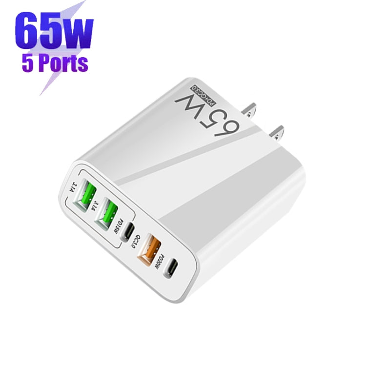 65W Dual PD Type-C + 3 x USB Multi Port Charger with 3A Type-C to Type-C Data Cable, US Plug(White) - Mobile Accessories by buy2fix | Online Shopping UK | buy2fix