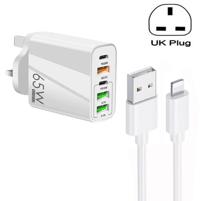 65W Dual PD Type-C + 3 x USB Multi Port Charger with 3A USB to 8 Pin Data Cable, UK Plug(White) - USB Charger by buy2fix | Online Shopping UK | buy2fix