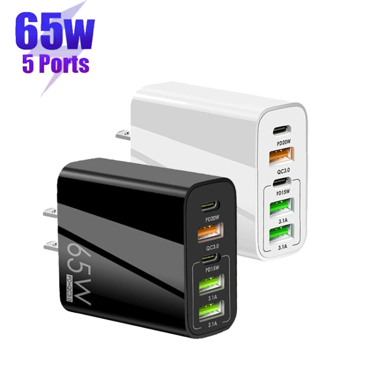 65W Dual PD Type-C + 3 x USB Multi Port Charger with 3A USB to Type-C Data Cable, US Plug(White) - Mobile Accessories by buy2fix | Online Shopping UK | buy2fix