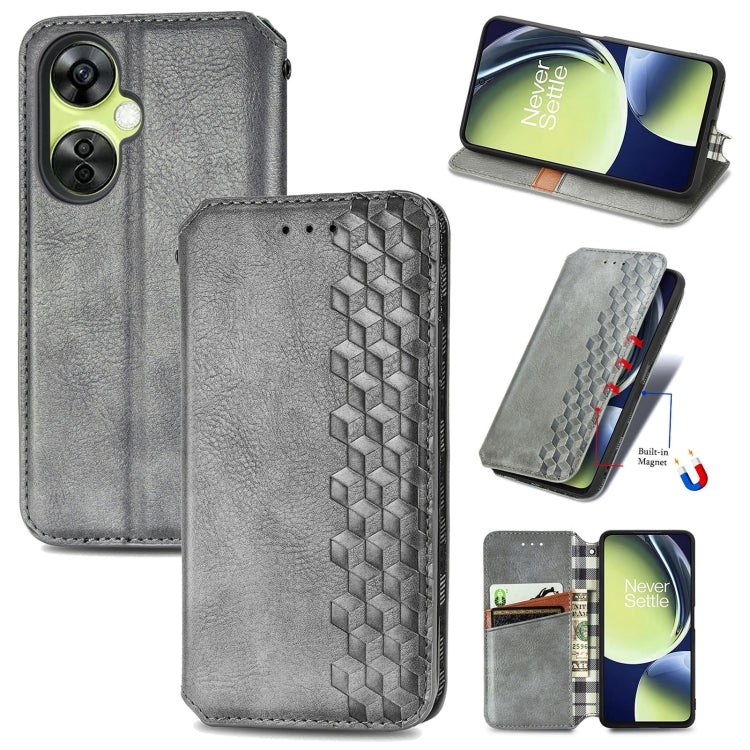 For OnePlus Nord CE 3 Lite Cubic Grid Pressed Magnetic Leather Phone Case(Gray) - OnePlus Cases by buy2fix | Online Shopping UK | buy2fix