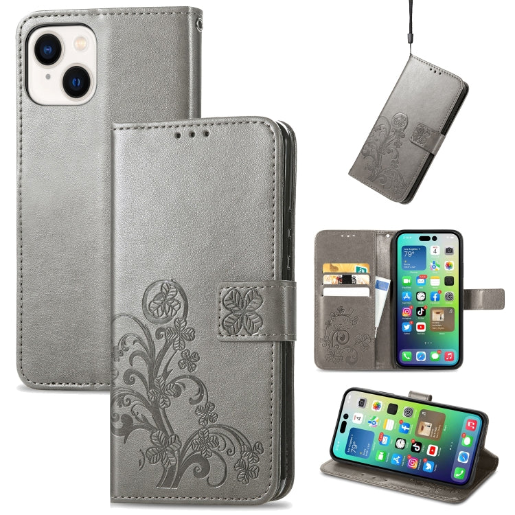 For iPhone 15 Four-leaf Clasp Embossed Buckle Leather Phone Case(Gray) - iPhone 15 Cases by buy2fix | Online Shopping UK | buy2fix
