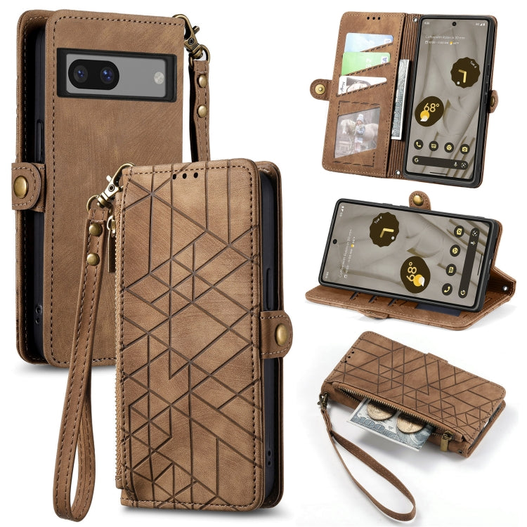 For Google Pixel 6A Geometric Zipper Wallet Side Buckle Leather Phone Case(Brown) - Google Cases by buy2fix | Online Shopping UK | buy2fix