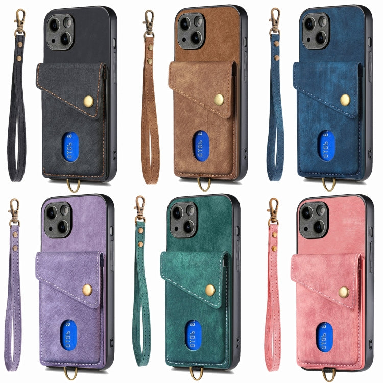 For iPhone 15 Pro Max Retro Card Wallet Fold Leather Phone Case with Strap(Green) - iPhone 15 Pro Max Cases by buy2fix | Online Shopping UK | buy2fix