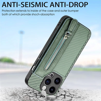 For iPhone 15 Pro Max Carbon Fiber Horizontal Flip Zipper Wallet Phone Case(Green) - iPhone 15 Pro Max Cases by buy2fix | Online Shopping UK | buy2fix