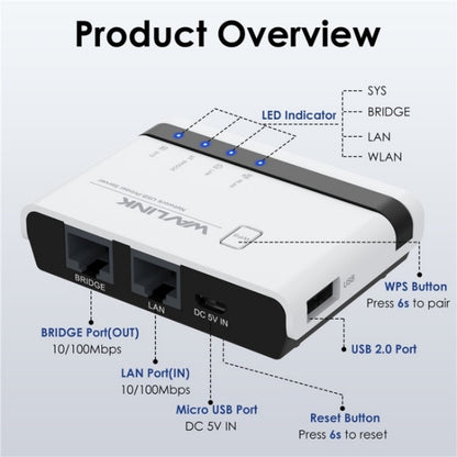 WAVLINK NU516U1 USB2.0 Wireless Printer Server With 10 / 100Mbps LAN / Bridge WiFi(US Plug) - Printer Accessories by WAVLINK | Online Shopping UK | buy2fix