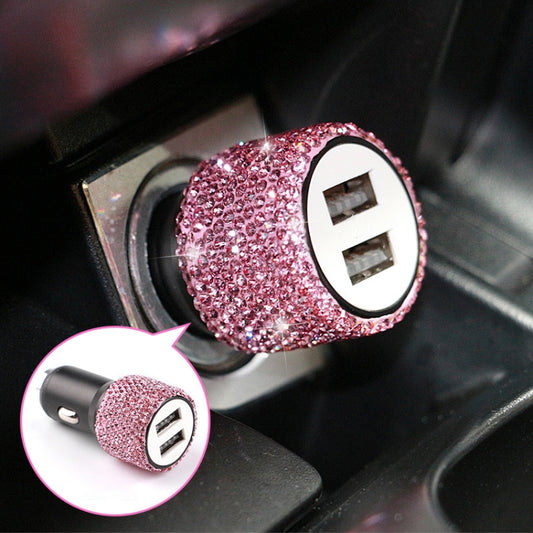 Diamond Car Dual USB Charge Mobile Phone Safety Hammer Charger(pink ) - In Car by buy2fix | Online Shopping UK | buy2fix