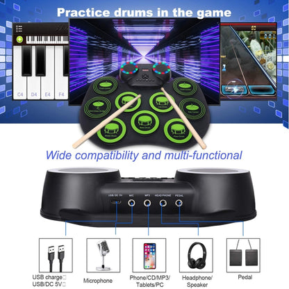 Portable Hand Roll Electronic Drum Flashing Light Bluetooth Drum(Icon Version + Black Green) - Percussion Instruments by buy2fix | Online Shopping UK | buy2fix