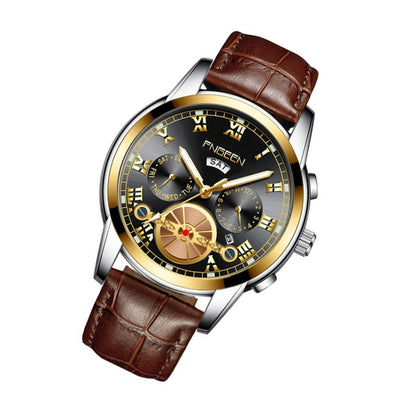 FNGEEN 4001 Men Watch Multi-Function Quartz Watch, Colour: Brown Leather Gold Black Surface - Alloy Watches by FNGEEN | Online Shopping UK | buy2fix