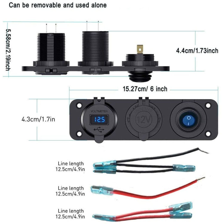 12-24V Car Ship Waterproof USB Charging Cigarette Lighter Master 3 In 1 Combined Panel Switch(Blue Light) - In Car by buy2fix | Online Shopping UK | buy2fix