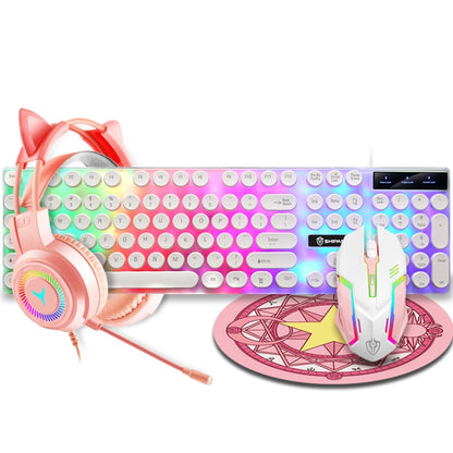 Shipadoo LD-122 4 in 1 Girly Glowing Keyboard + Mouse + Earphone + Mouse Pad Set(Pink Punk) - Wired Keyboard by Shipadoo | Online Shopping UK | buy2fix
