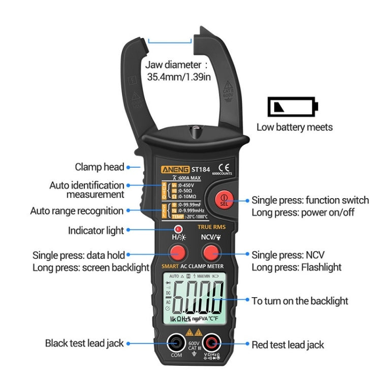 ANENG ST184 Automatically Identify Clamp-On Smart Digital Multimeter(Red) - Digital Multimeter by ANENG | Online Shopping UK | buy2fix