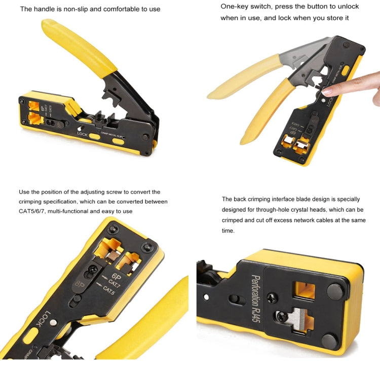 6P8P Seven-type Through-hole Crystal Head  Wire Stripping Tool Network Cable Pliers(Yellow) - Lan Cable and Tools by buy2fix | Online Shopping UK | buy2fix