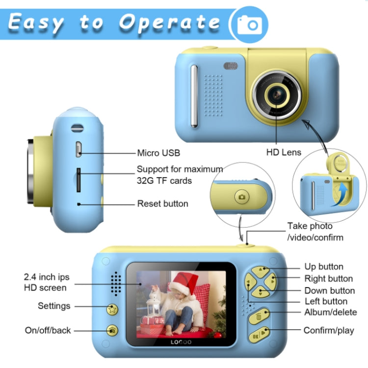 2.4 Inch Children HD Reversible Photo SLR Camera, Color: Yellow Blue + 16G Memory Card + Card Reader - Consumer Electronics by buy2fix | Online Shopping UK | buy2fix