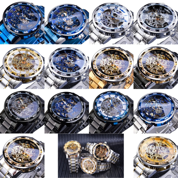 Winner Leisure Skeleton Diamond Luminous Pointer Watch Men Manual Mechanical Watch(Black Belt Gold Shell Black Face) - Metal Strap Watches by Winner | Online Shopping UK | buy2fix