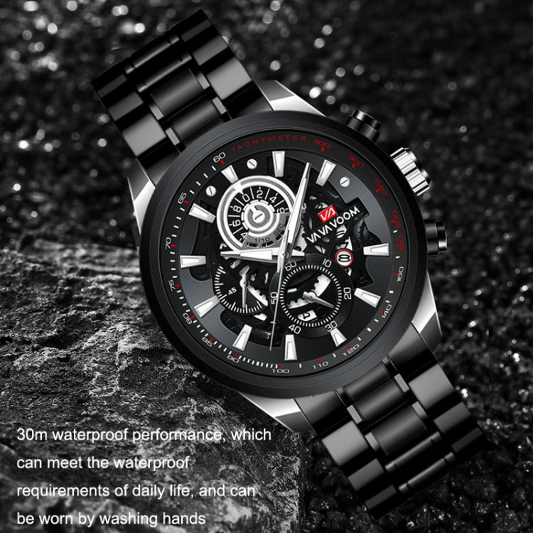 VAVA VOOM 2311G-JH2 Black Shell Steel Belt Men Waterproof Sports Luminous Calendar Casual Quartz Hollow Watch - Sport Watches by VAVA VOOM | Online Shopping UK | buy2fix