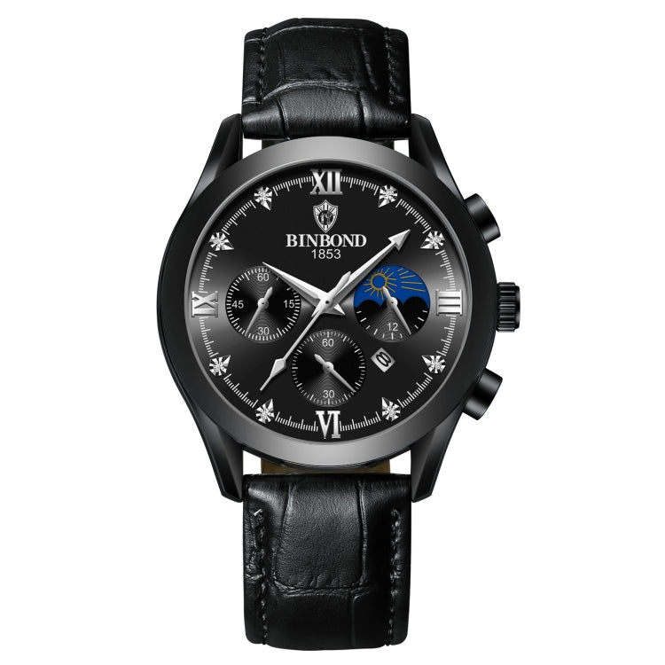 BINBOND B3591 30m Waterproof Luminous Calendar Men Watch, Color: Black Leather-Black-Black - Leather Strap Watches by BINBOND | Online Shopping UK | buy2fix