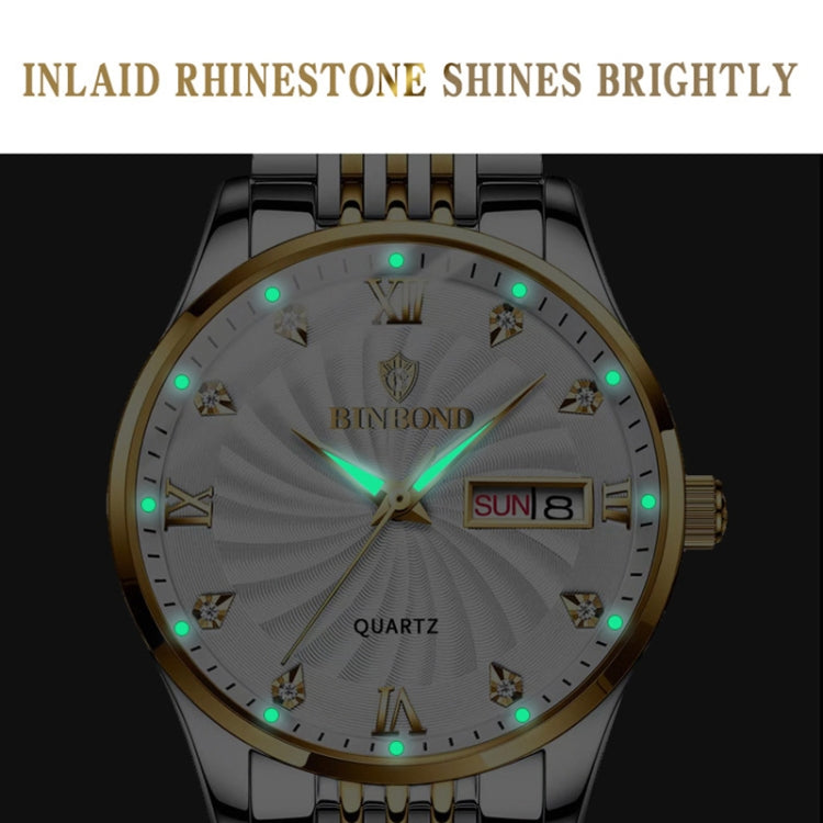 BINBOND B3034 Diamond 30m Waterproof Business Watch Men's Butterfly Buckle Luminous Quartz Watch(White Steel-Black) - Metal Strap Watches by BINBOND | Online Shopping UK | buy2fix