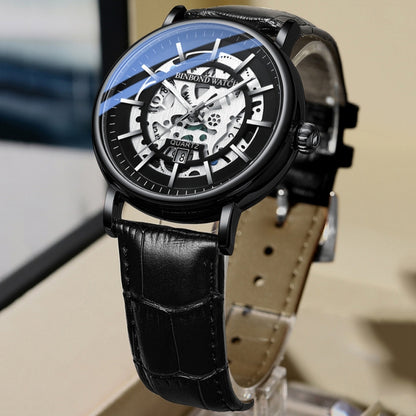 BINBOND B7872 Multifunctional Hollow Luminous Waterproof Quartz Watch, Color: Black Leather-Full-gold-Black - Leather Strap Watches by BINBOND | Online Shopping UK | buy2fix