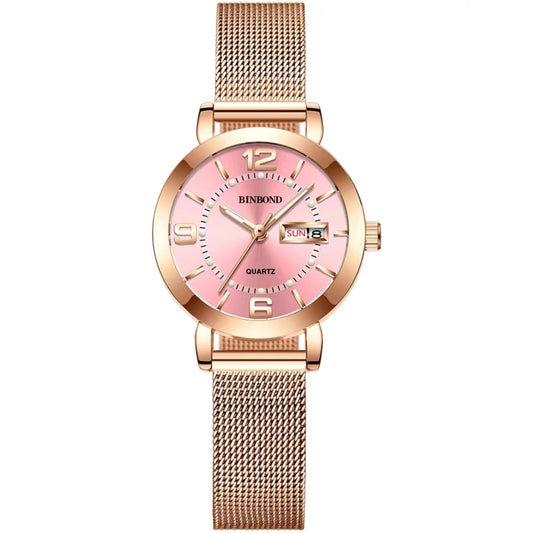 BINBOND B5907 Luminous Quartz Ladies Watch 30M Waterproof Calendar Steel Belt Watch(Pink) - Metal Strap Watches by BINBOND | Online Shopping UK | buy2fix