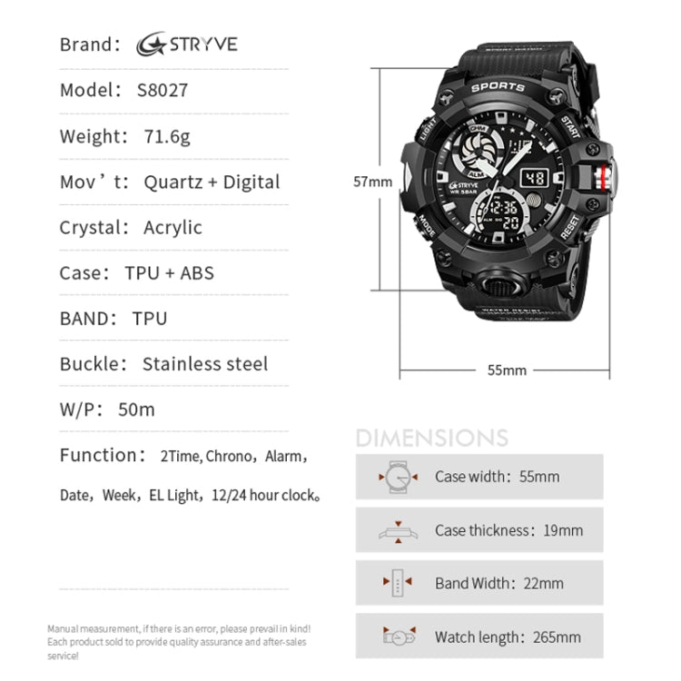 STRYVE S8027 Sports Multifunctional Luminous Dual Display Chronograph Student Watch(Black) - Leather Strap Watches by STRYVE | Online Shopping UK | buy2fix