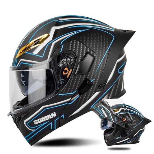 SOMAN Motorcycle Dual Lens Riding Peel-Off Full Coverage Helmet, Size: L(Matt Black Blue) - Helmets by SOMAN | Online Shopping UK | buy2fix