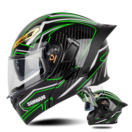 SOMAN Motorcycle Dual Lens Riding Peel-Off Full Coverage Helmet, Size: L(Bright Black Green) - Helmets by SOMAN | Online Shopping UK | buy2fix