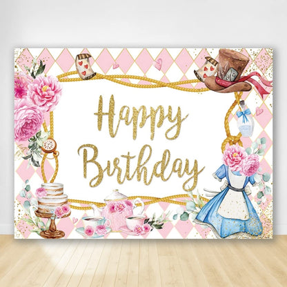 150 x 100cm Pink Flowers Cake Cartoon Birthday Background Cloth Birthday Decoration Banner Hanging Flags -  by buy2fix | Online Shopping UK | buy2fix