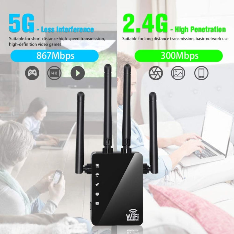 5G/2.4G 1200Mbps WiFi Range Extender WiFi Repeater With 2 Ethernet Ports US Plug Black - Broadband Amplifiers by buy2fix | Online Shopping UK | buy2fix